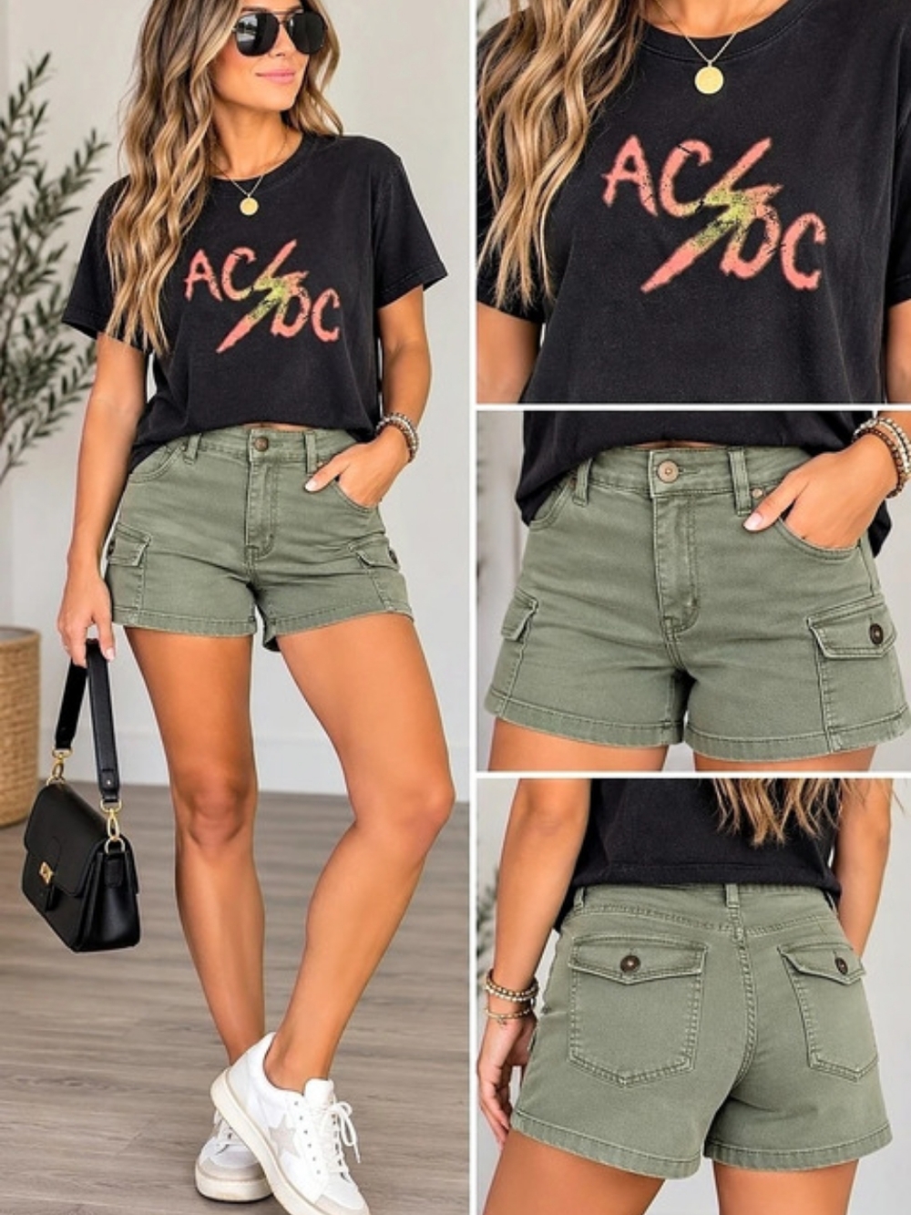 Risen RDS6153 Cargo Shorts in Olive Size Large NWT With Large AC DC Shirt Large